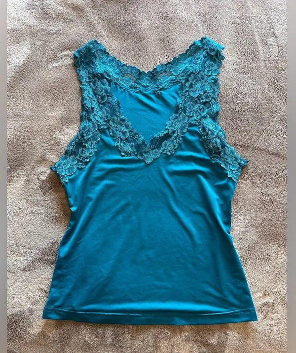 FREDERICK’S OF HOLLYWOOD Blue Silky Lace Trim Cami Tank Top Vintage Sz L EUC - Image 4