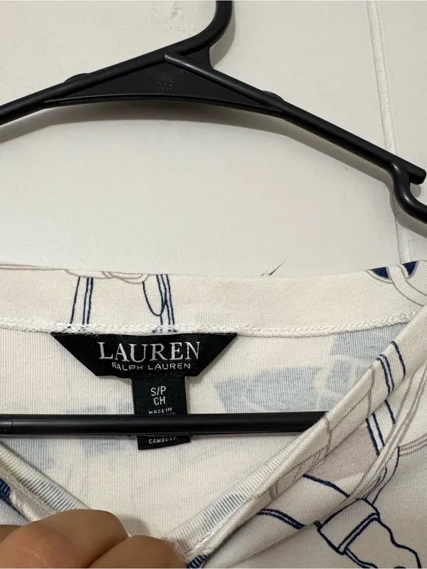 Lauren Ralph Lauren Belt Print Boatneck Top Navy Cream Equestrian Stretch Tee S - Image 6