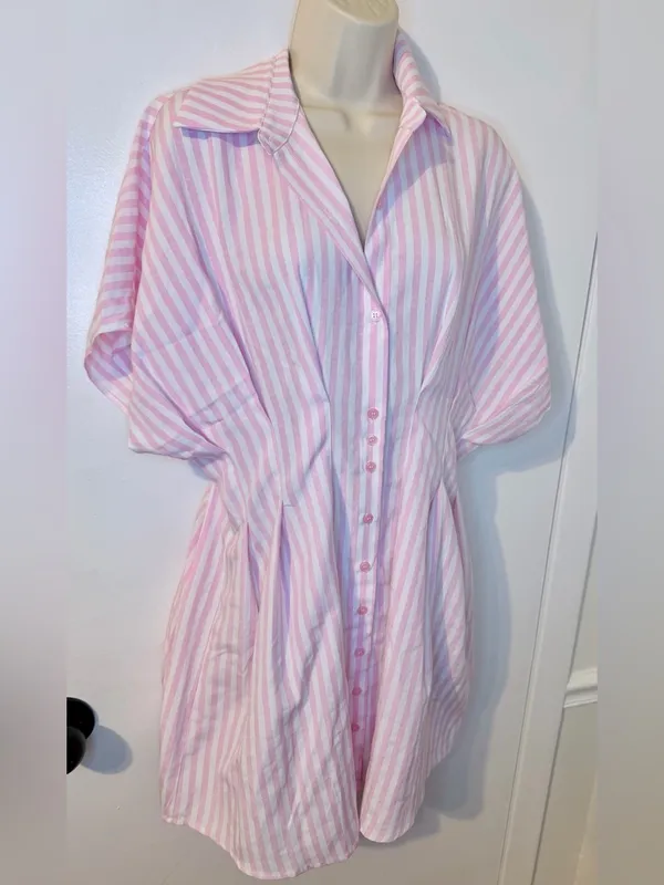 NWT COMMENSE Pink White Striped Shirt Dress L Collared Button Down - Image 3