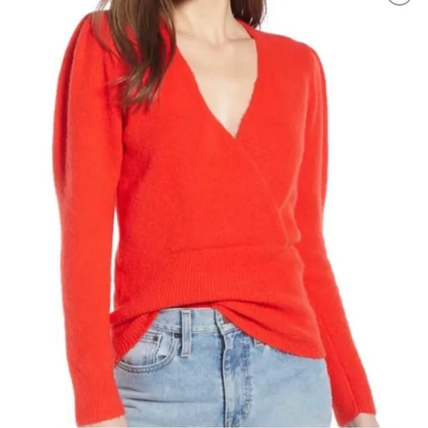 NWT Something Navy Red Alpaca Blend V-neck Puff Sleeve Sweater - Image 2