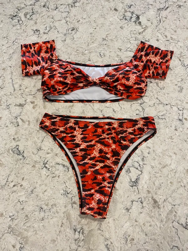 Red Cheetah Print Off Shoulder Swim Suit Set - Image 3