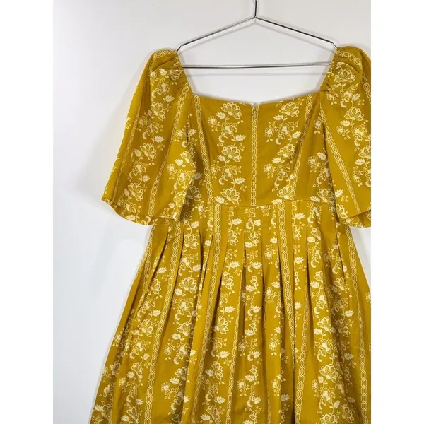 Mason's Daughter Mini Dress Yellow Emma Saffron Floral Square Puffed Boho Medium - Image 8