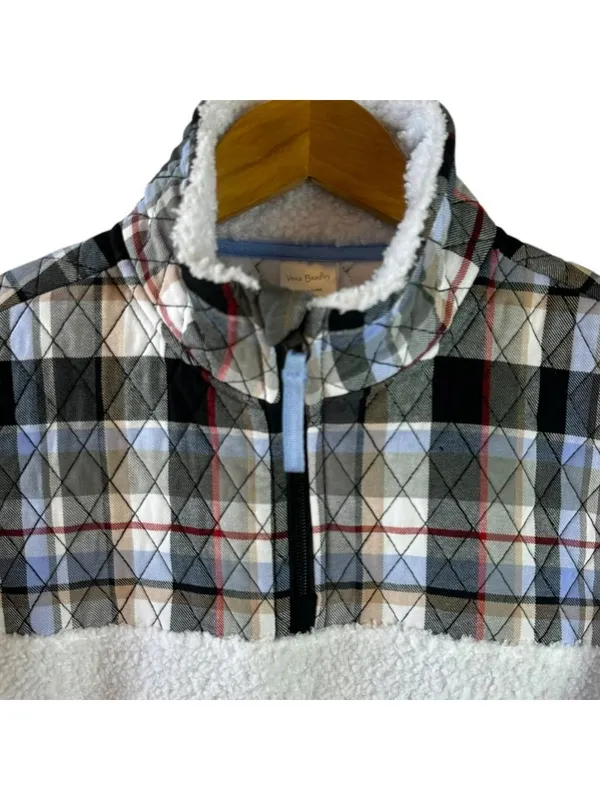Vera Bradley Teddy Fleece Plaid Quarter Zip Pullover White Size M Casual Top - Image 3