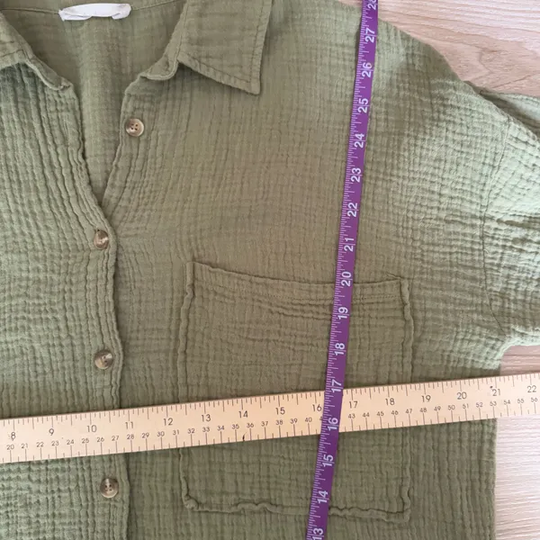 Altard State Small/Medium Olive Green Gauze Like Button Sleeve Shirt Fall Relax - Image 6