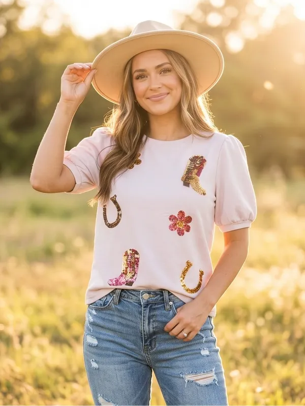Mesh + Love Pink Sequin Western Puff Sleeve Top NWT Small - Image 3