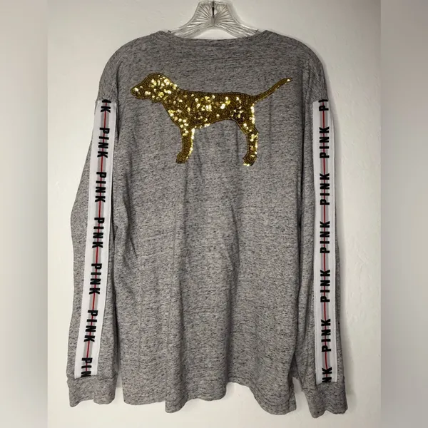 VICTORIAS SECRET PINK Shirt Rare Bling Big‎ Dog Campus Pocket Womens Size M Gray - Image 2