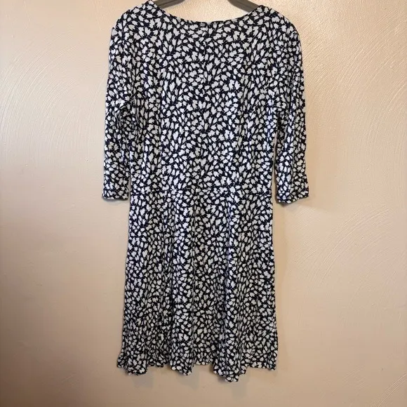 Lark & Ro Dress Fit Flare Midi Dress 3/4 Sleeve Navy‎ Blue White Flower Large - Image 5
