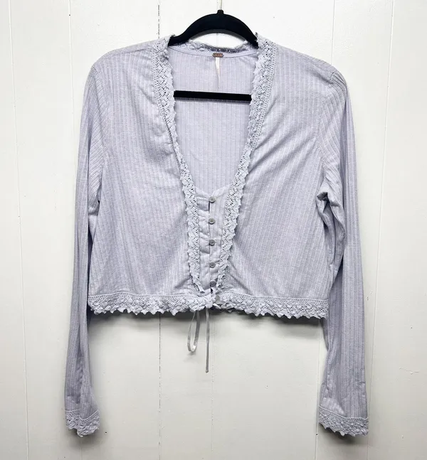Free People Linen Blend Bohemian Cropped Lavender Women's Boxy Top Size Large - Image 3