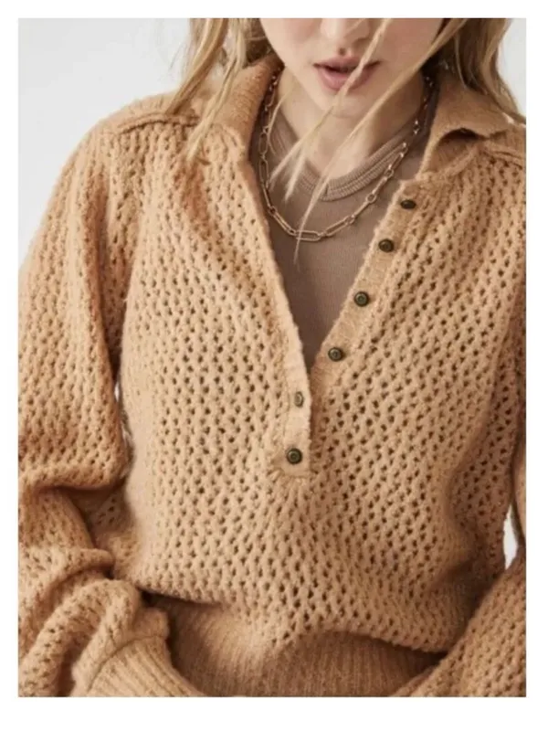 Free People Care FP Snowdrift Pullover Sweater in Camel Heather - Image 3