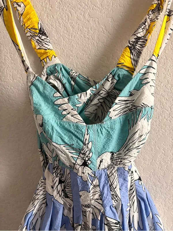 Maeve Anthropologie Mini Dress Sz 0 W Babydoll Blue Bird Print Open Tie Back - Image 6