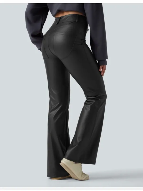 HALARA Black Faux-Leather High Waist Fleece Lined Flare Pants Small (4/6) - Image 3