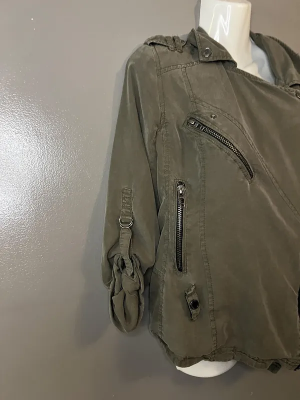 BLANKNYC Jacket Womens XS Green Twill Asymmetrical Zip Moto Biker Lined Utility - Image 3