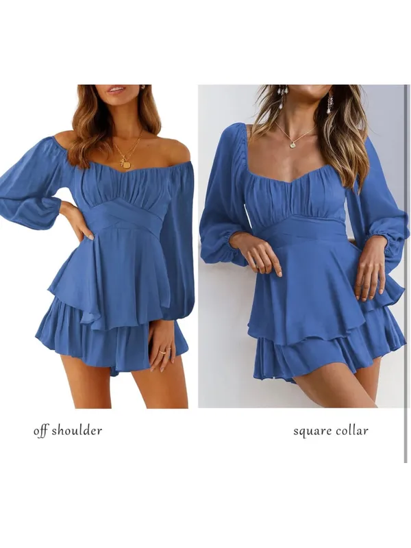 NEW Off Shoulder Shorts Romper Lantern Long Sleeve Ruffle Belted XL - Image 8