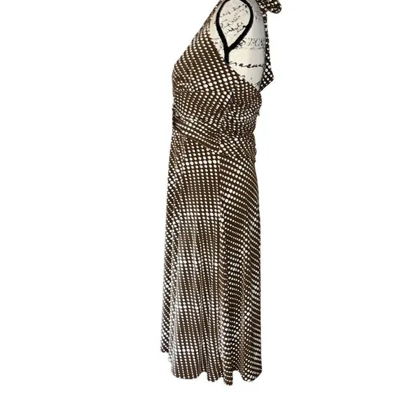Sushi Flower Brown Polka Dot Halter Midi Dress Retro Pinup V-Neck Large USA - Image 4
