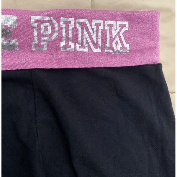 Y2K VS PINK M Foldover Black Flare Leggings Pink Silver Logo Low Rise Vtg - Image 6