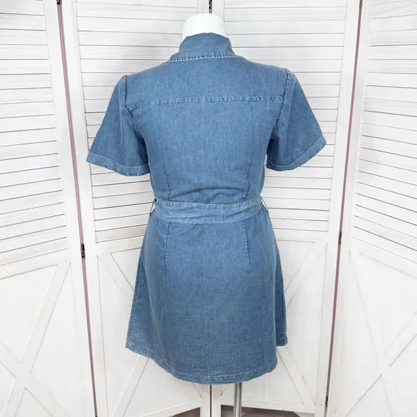 Indulge Chambray Button Up Belted‎ Short Sleeve Shirt Dress Denim Blue Large - Image 4