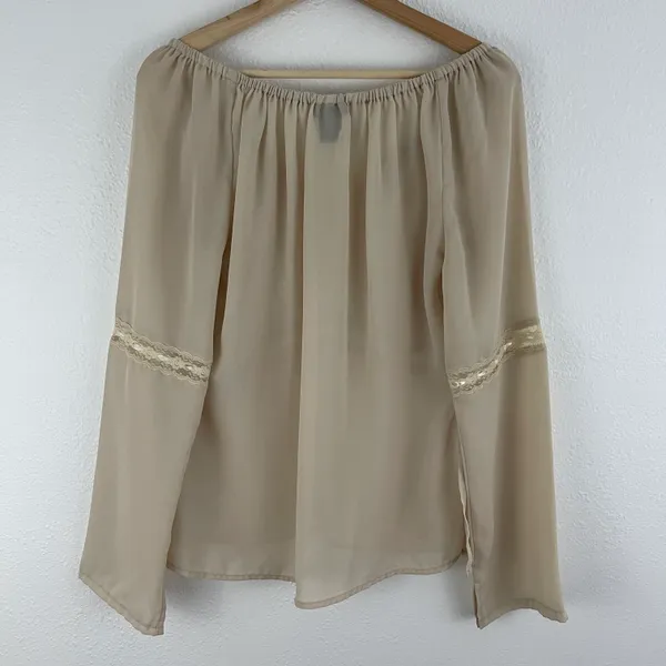 MILANO Vintage 90s Creme Beige Coquette Lace Wide Sleeve Semi Sheer Flowy Blouse - Image 8