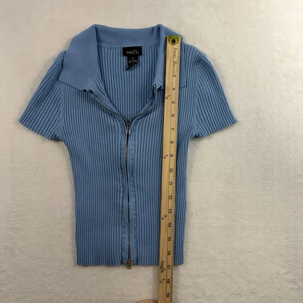 Rue 21 Vtg Y2K XS Top Soft Girl Double Zipper‎ Baby Blue Ribbed Fitted Coquette Dainty - Image 7