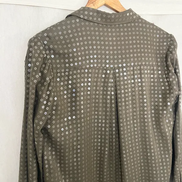 Anthropologie Maeve Olive Green Button Down Sequin Shirt Size XS - Image 6