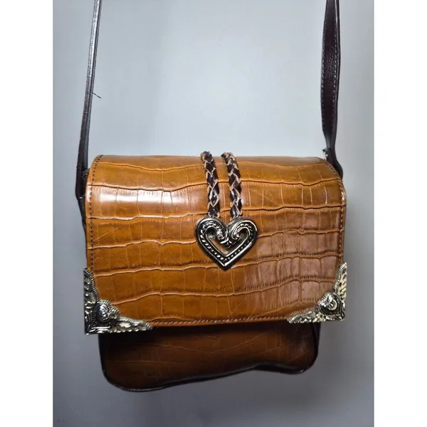 Western Y2K Croc-Embossed Y2K Heart Accent Shoulder Bag - Brown/Ta - Image 5