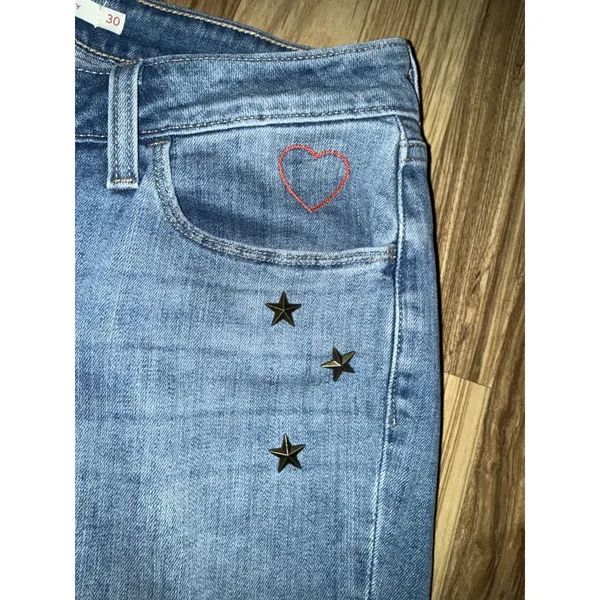 Levi's 535 Super‎ Skinny Jeans Womens Sz 30 Blue Denim Stars Accents Artsy Art - Image 2