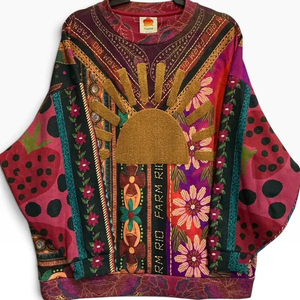 FARM Rio Mixed Scarves Sweatshirt Sun Appliqué Oversized Pullover S Art to Wear - Image 3