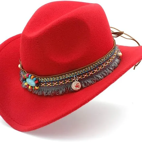 Red‎ Western Cowboy, Cowgirl Hat, Bead Tassle Strap, Men Women Retro Wide Brim - Image 2