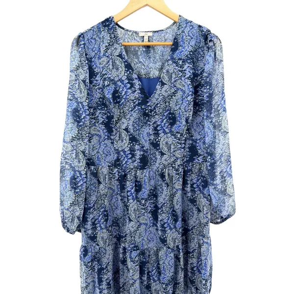 Joie Parisian Paisley Blue Tiered Midi‎ Dress V-Neck Long Sleeve Womens L Flowy - Image 3