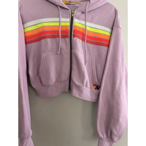 Aviator Nation 5 Stripe‎ Cropped Zip Hoodie Relaxed Mauve/White Neon Size XS - Image 5