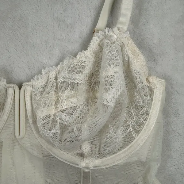 Auden Intimates Ivory Lace Longline Bra Bustier Sheer Dot Mesh Underwire‎ Large - Image 3