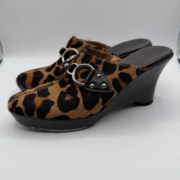 Cole Haan Leopard Calf Hair Horsebit Mule Heels Brown Black Womens 7.5B Brazil - Image 3