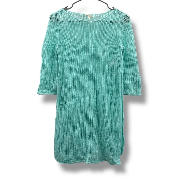 Eileen Fisher Organic Linen Light Blue Open Knit Slub Tunic Sweater Top‎ Sz S - Image 3