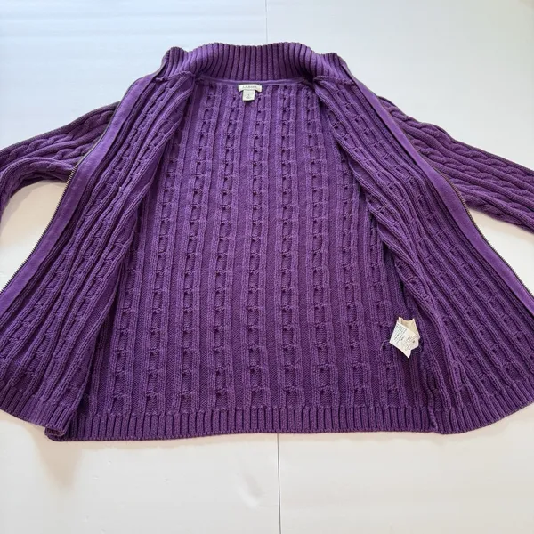 LL Bean Purple Mock Neck Full Zip Cable Cotton Cardigan Sweater Size SMALL - Image 5