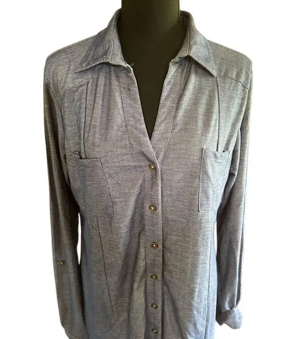 Passport Blue Button Down Tunic Shirt XL Long Sleeve Lightweight Rayon Blend - Image 3
