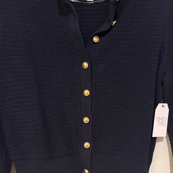 Time and Tru Navy Cardigan with Gold Buttons - Image 2