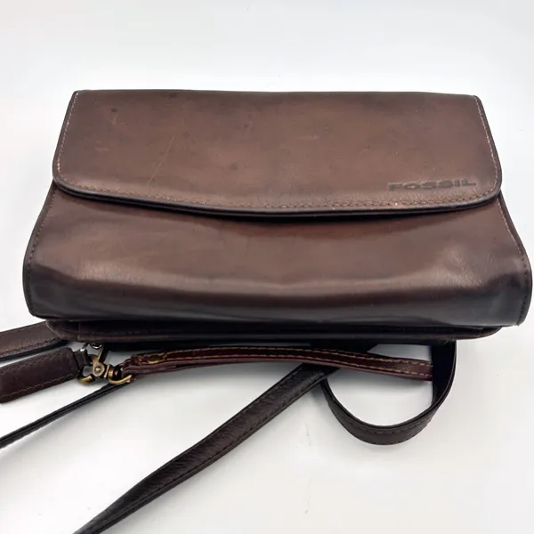 Vintage‎ Fossil Brown Leather Crossbody Organizer Wallet Bag Kiss Lock Y2K - Image 10