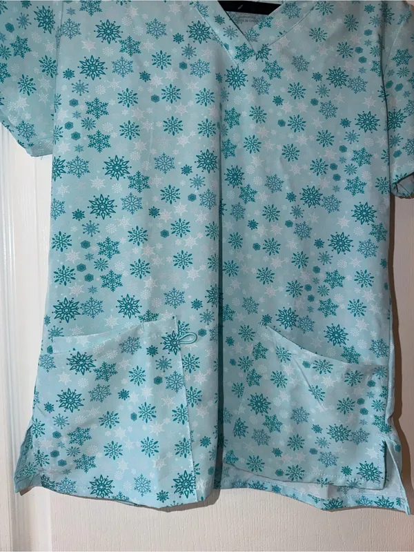 Aqua Floral Snowflake Scrub Top Blue - Image 3