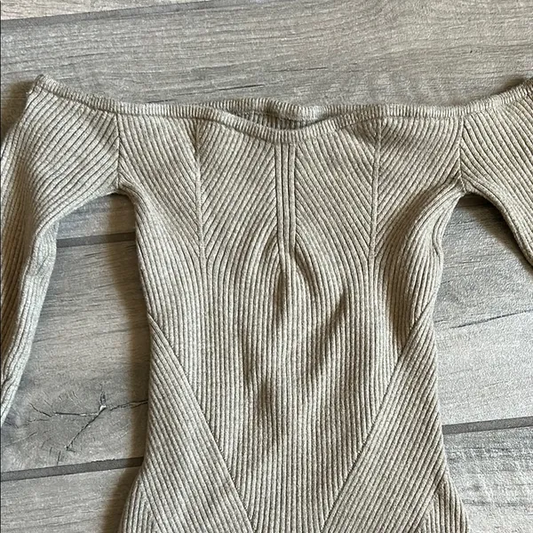 NBD Tan Ribbed Off-Shoulder Mini Dress - Image 3