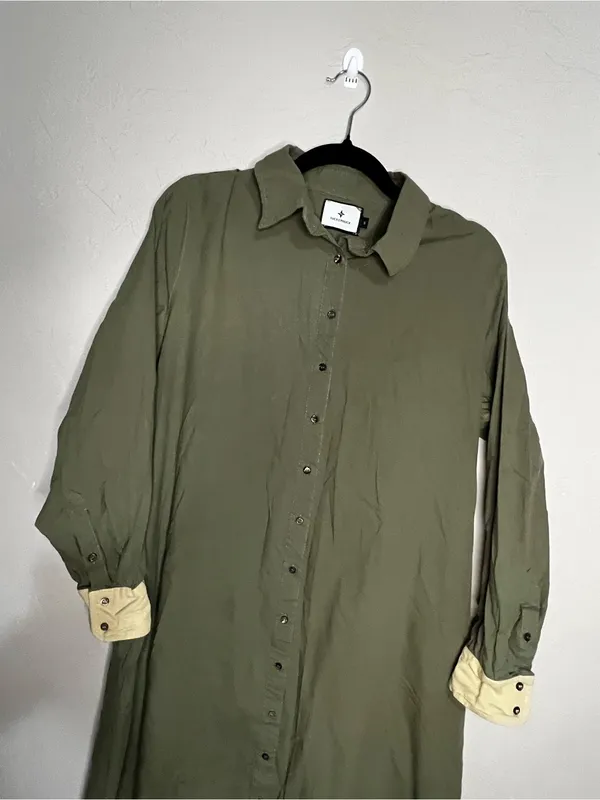 Tuckernuck Army Green Shiver Side‎ Slits Cotton Button Down Preppy MIDI Dress - Image 3
