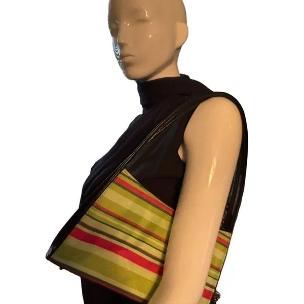 Colorful Striped Handbag With Black Handles & Zip Closure - Image 4