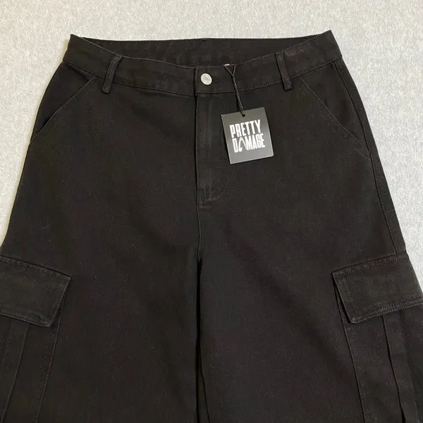 Pretty‎ Damage Cargo Pants Women's Medium Black Wide Leg Grommet Goth Grunge NWT - Image 3
