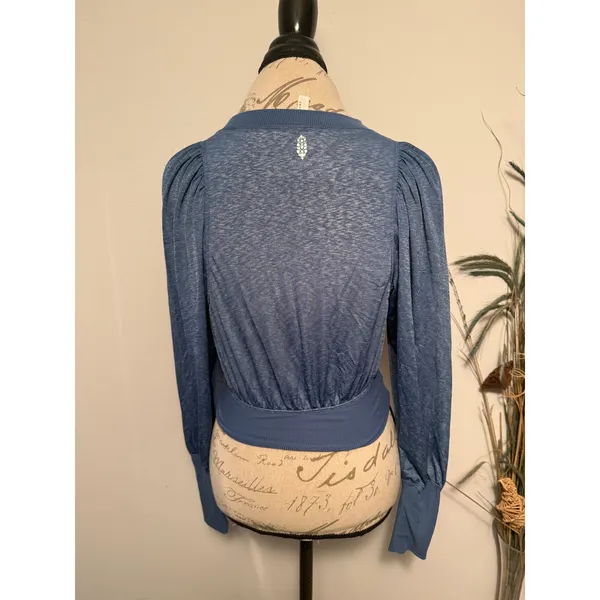 FP Movement Free People Womens XS Blue Space Dye‎ Puff Sleeve Cropped Top - Image 3