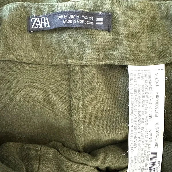 Zara M Ruched Linen-Blend Midi Skirt Olive Green Faux Wrap Side Slit - Image 4