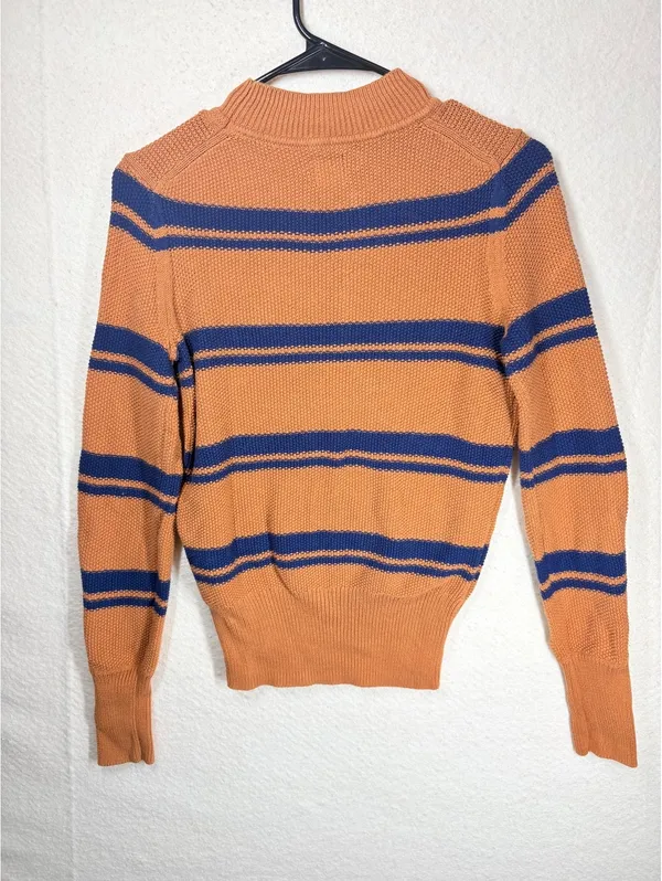 Sweater S Orange Navy Striped Mock Neck Knit Long Sleeve Pullover - Image 2