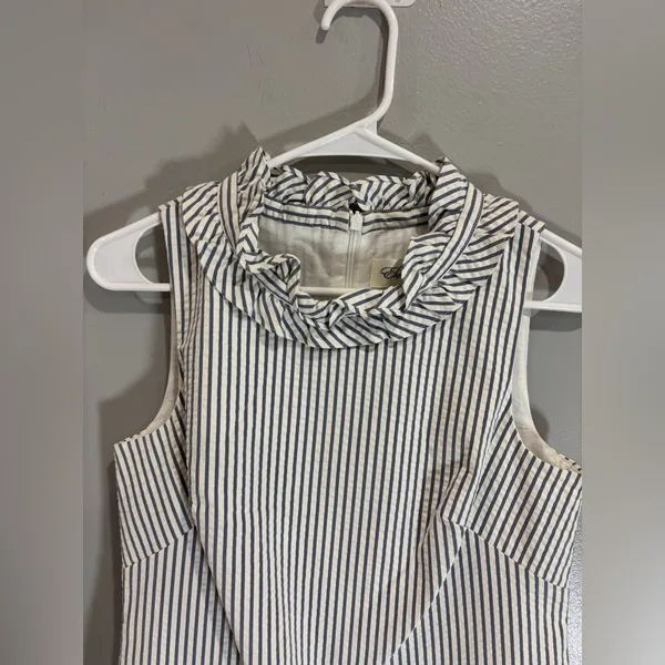 Eliza J. Sleeveless Blue Stripe Seersucker Ruffle Nautical Mini Dress 4 Sheath - Image 4