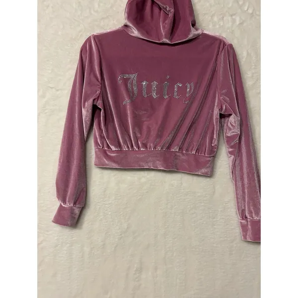 Juicy Couture Velour‎ Cropped Zip Up Hoodie Rhinestone Logo Mauve Pink Medium - Image 4
