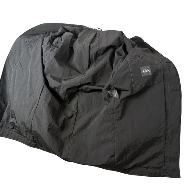 Zara Black Nylon Long Trench Coat Rain Wind Jacket Womens M Minimalist Crinkled‎ - Image 6