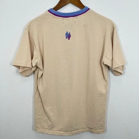 HOMME FEMME Small Beige Logo T-Shirt Ribbed‎ Collar Retro Streetwear Knit Tee - Image 6