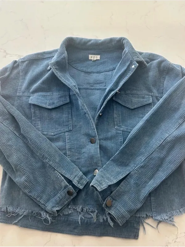 POL Clothing Blue Distressed Frayed Hem Corduroy Trucker Jacket M EUC - Image 2