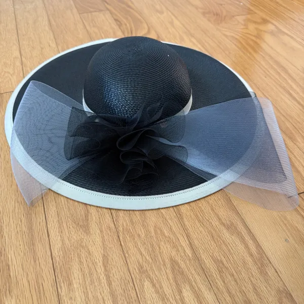 David M‎ Designer Luxury Old Money OS Black White Straw Hat Tulle Kentucky Derby - Image 7
